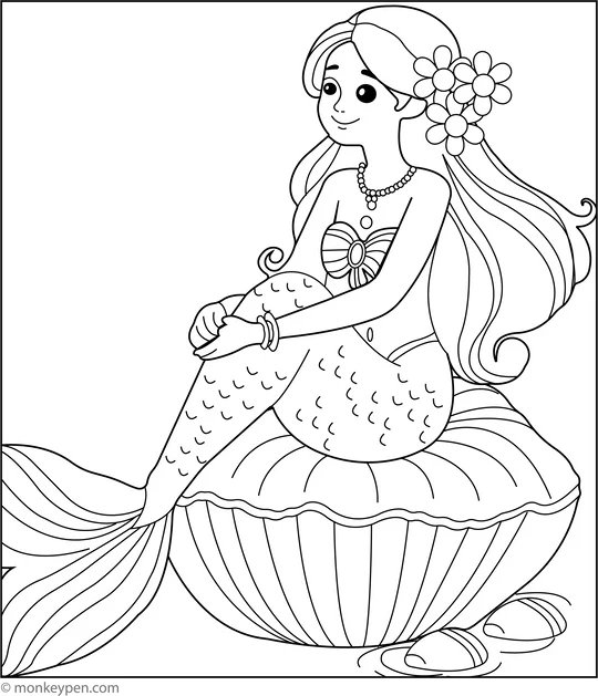 3670 05 Elegant Mermaid Resting On Shell Colouring Page