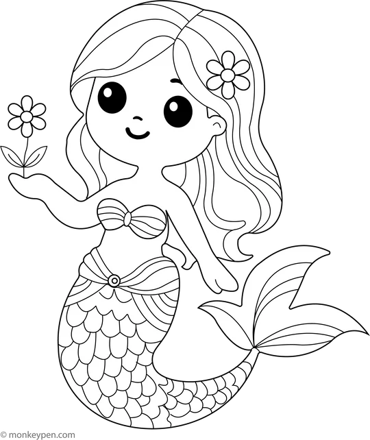 3675 10 Cute Mermaid With Flower Colouring Page