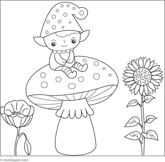 4681 2 Mushroom With A Tiny Elf Sitting On Top Colouring Page